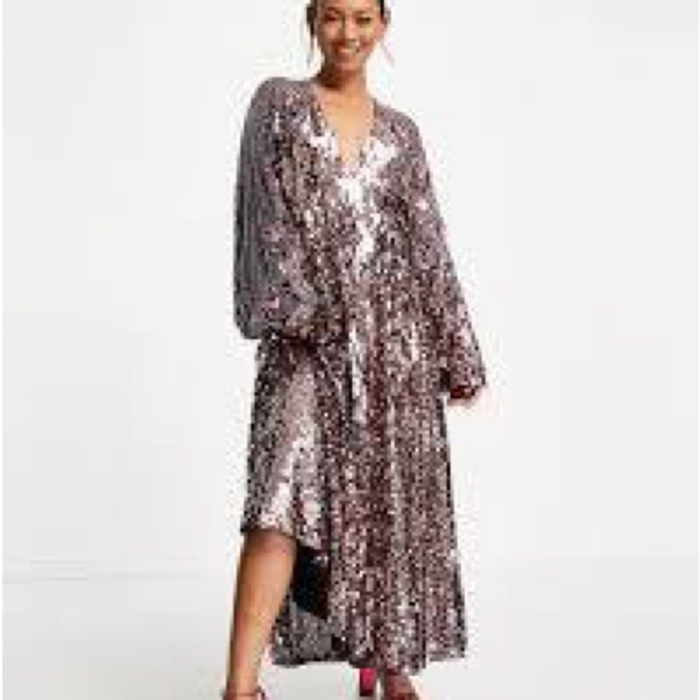 ASOS EDITION floral embellished midi dress with blouson sleeve in pink Size 2
